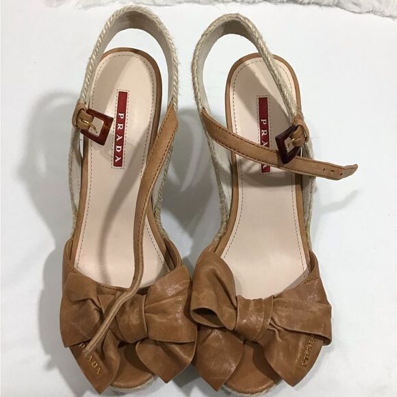 Prada Napa Aviator Bow Espadrille Sandal Wedges Size 36 - Picture 10 of 15
